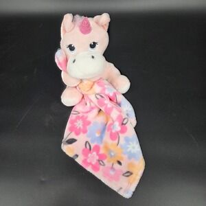 Little Beginnings Pink Unicorn Floral Plush Security Blanket Lovey Glitter Horn